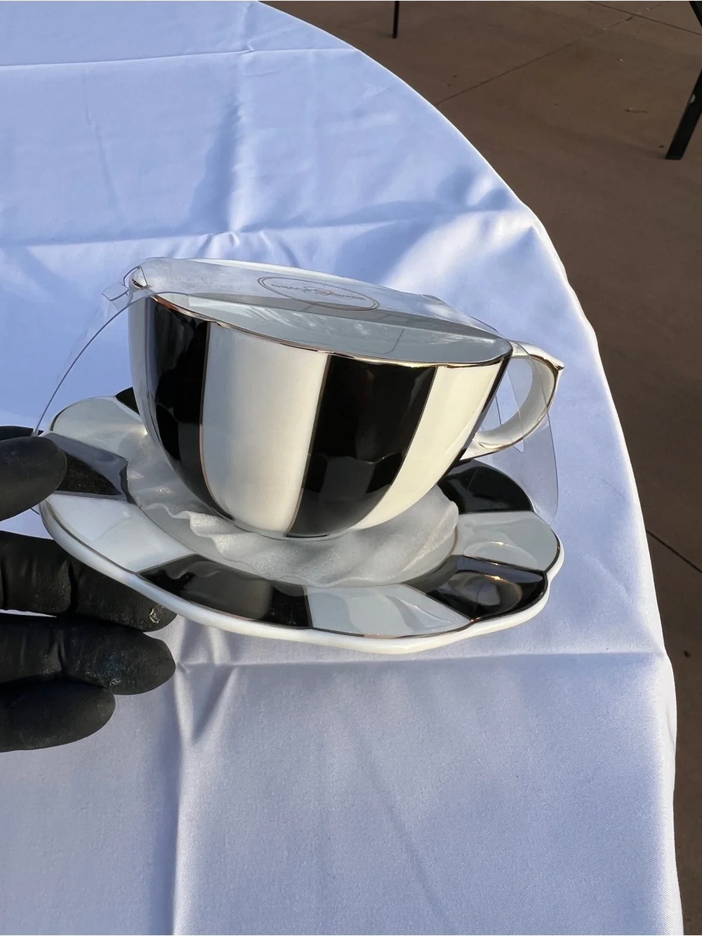 Grace Teaware Black & White Porcelain Teacup & Saucer Set Gold Trim New